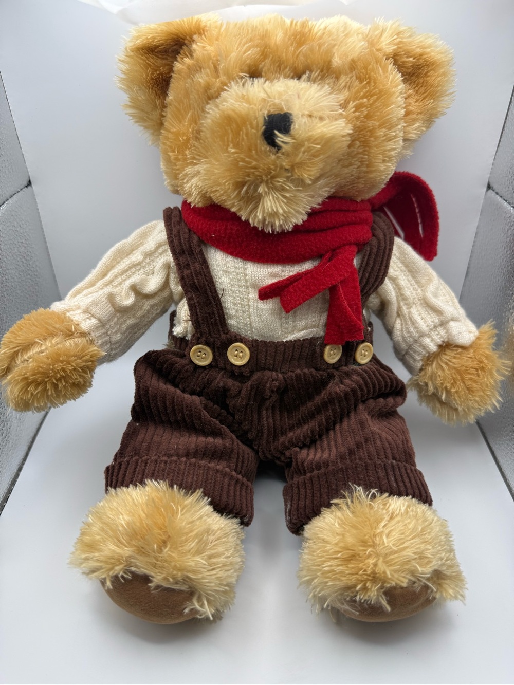 Dan Dee Y2K 14” Plush Teddy Bear with Red Scarf and Brown Corduroy Overalls